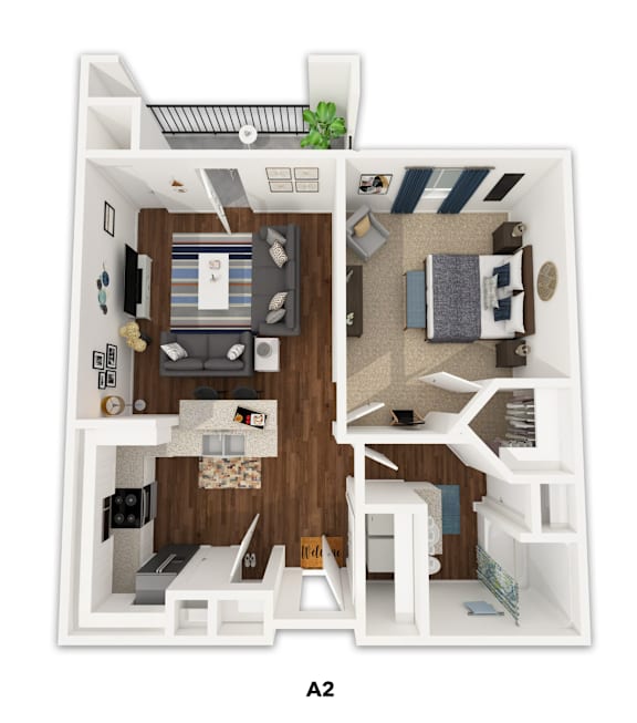 Floor Plan  A 2 bedroom apartment with a living room, kitchen, and bathroom.