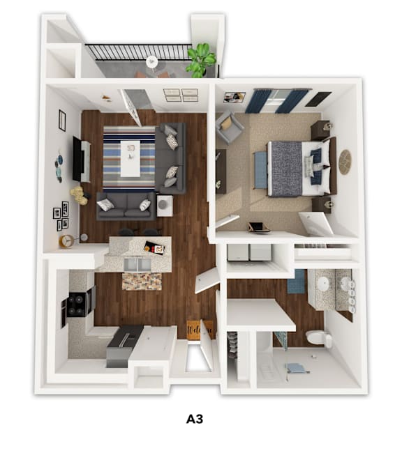 Floor Plan  A 3D floor plan of a small apartment with a living room, kitchen, and bedroom.