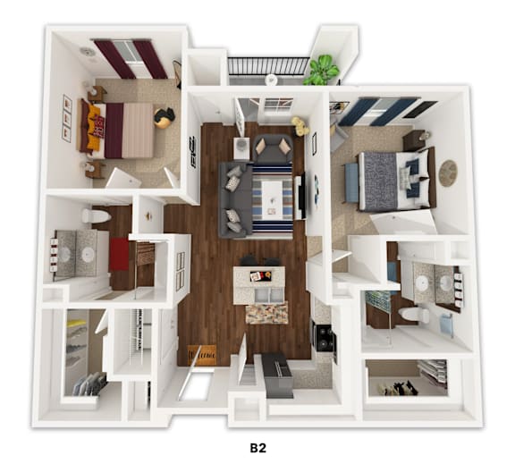 Floor Plan  A floor plan of apartment B2 with a living room, kitchen, and two bedrooms.