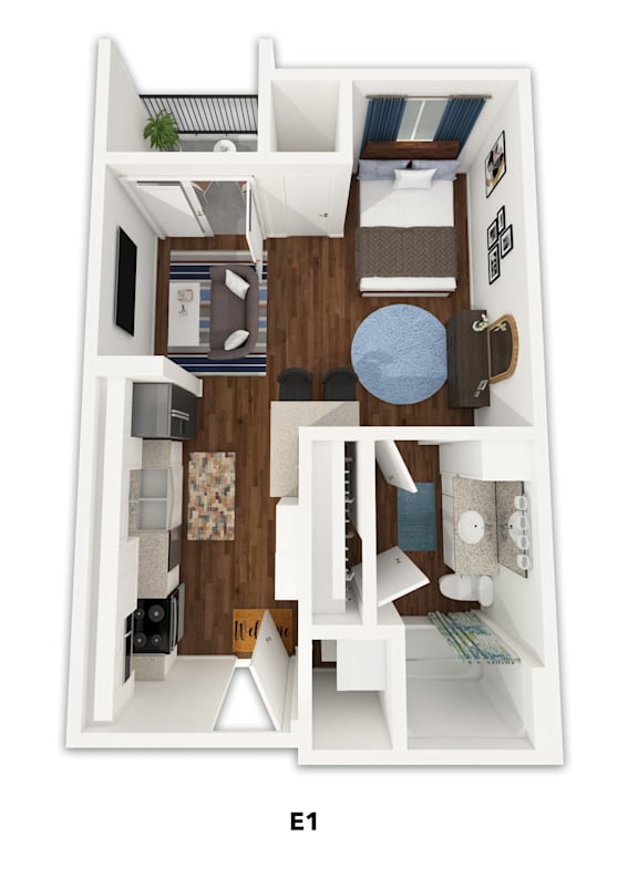 Floor Plan  A 3D floor plan of a small apartment with a living room, kitchen, and bathroom.