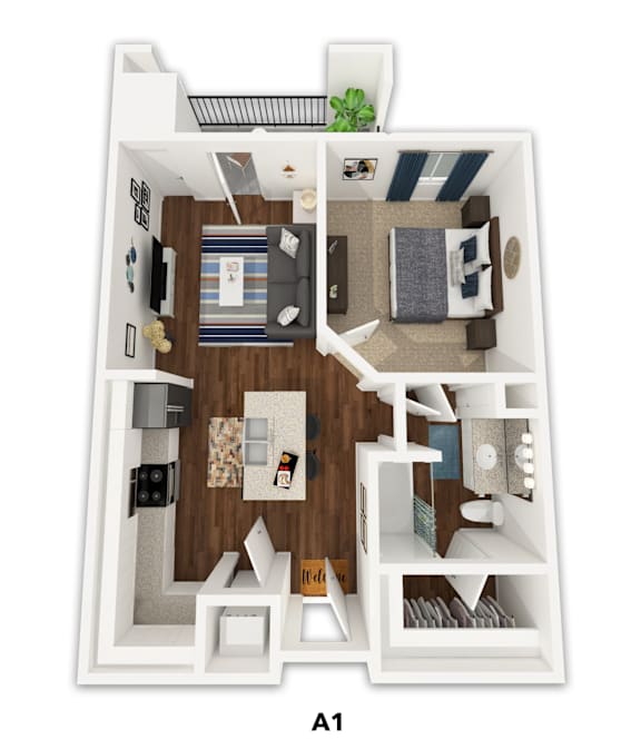 Floor Plan  A 3D floor plan of a small apartment with a living room, kitchen, and bathroom.