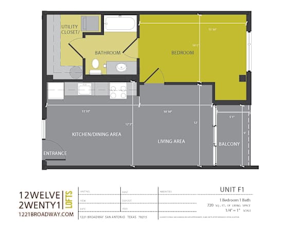 Floor Plan  Unit f1 floor plan one bedroom with balcony at 1221 Broadway Lofts Apartments, San Antonio, 78215