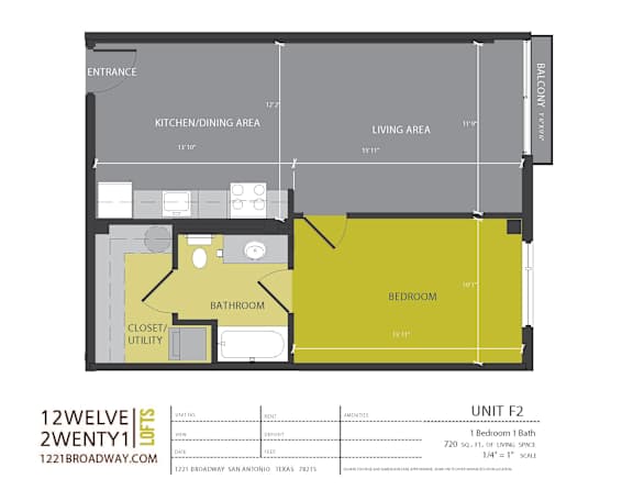 Unit e2 floor plan one bedroom one bath at 1221 Broadway Lofts Apartments, San Antonio, Texas