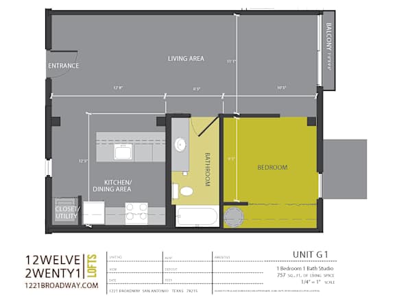 Unit g1 studio floor plan with balcony at 1221 Broadway Lofts Apartments, San Antonio