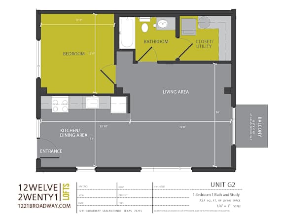 Unit g2 floor plan one bedroom with study at 1221 Broadway Lofts Apartments, Texas