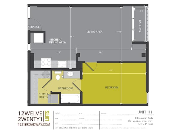 Unit h1 one bedroom one bath floor plan at 1221 Broadway Lofts Apartments, Texas, 78215