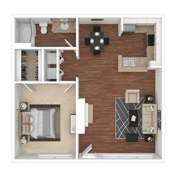 A top-down view of a living room with a couch, coffee table, and a rug.