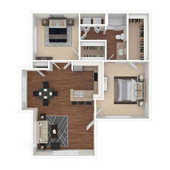 A 3D floor plan of a house showing a living room, kitchen, and two bedrooms.