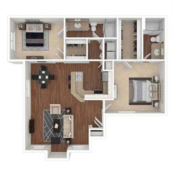 A top-down view of a house layout with a kitchen, living room, and bathrooms.