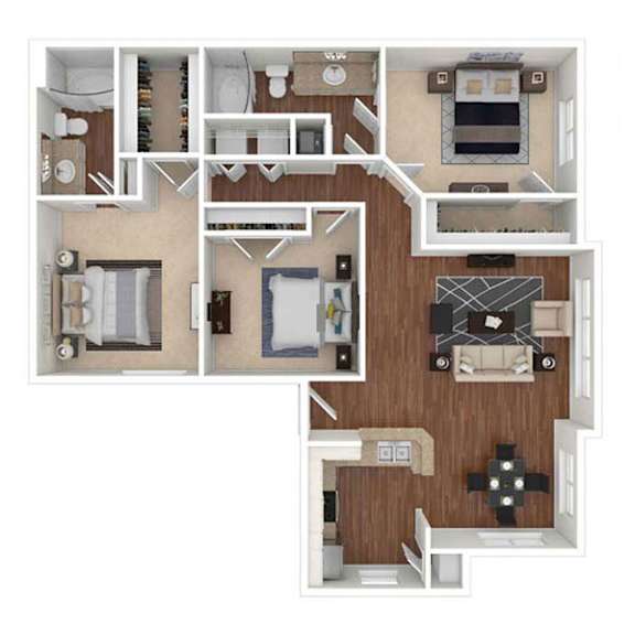 A floor plan of a house with a kitchen, living room, and bedrooms.