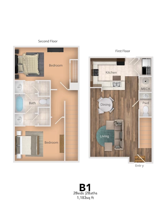 Floor Plan  A floor plan of a one bedroom apartment.