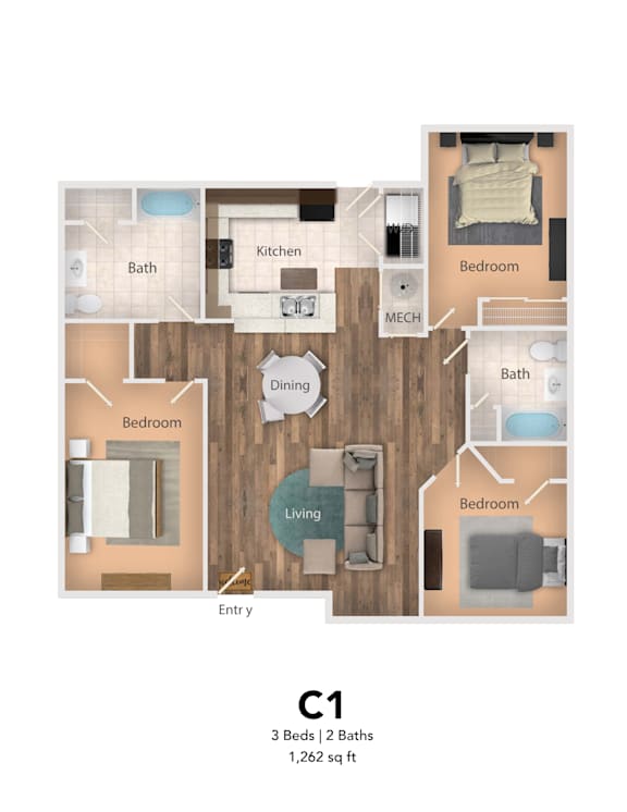 Floor Plan  A floor plan of a one bedroom apartment with a living room, dining room, kitchen, and bathroom.