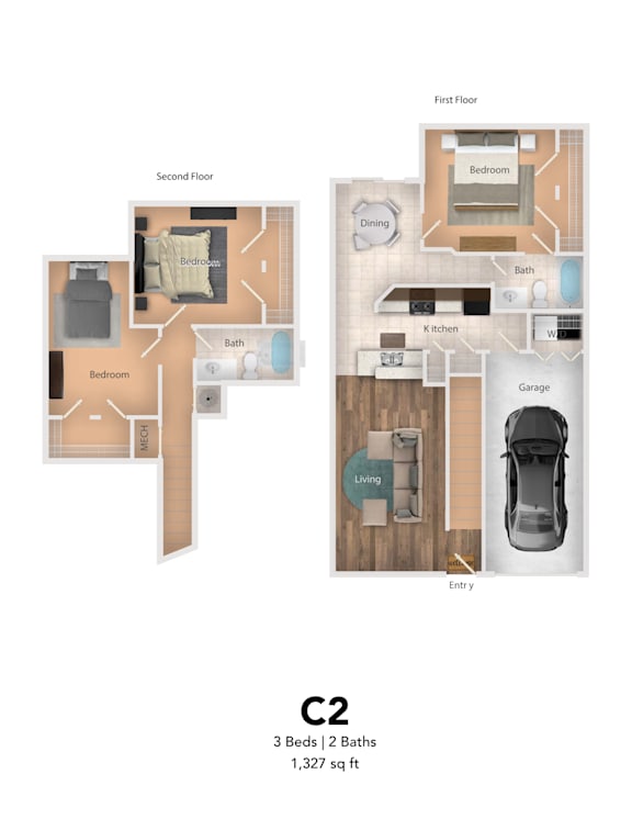 Floor Plan  A floor plan of a two-story home with a living room, dining room, kitchen, and three bedrooms.