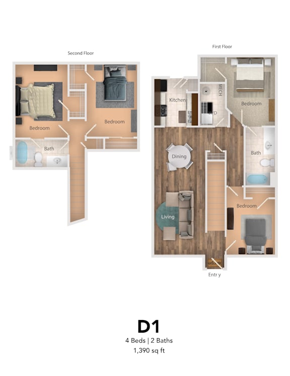 Floor Plan  A floor plan of a D1 apartment with 4 bedrooms and 2 bathrooms.