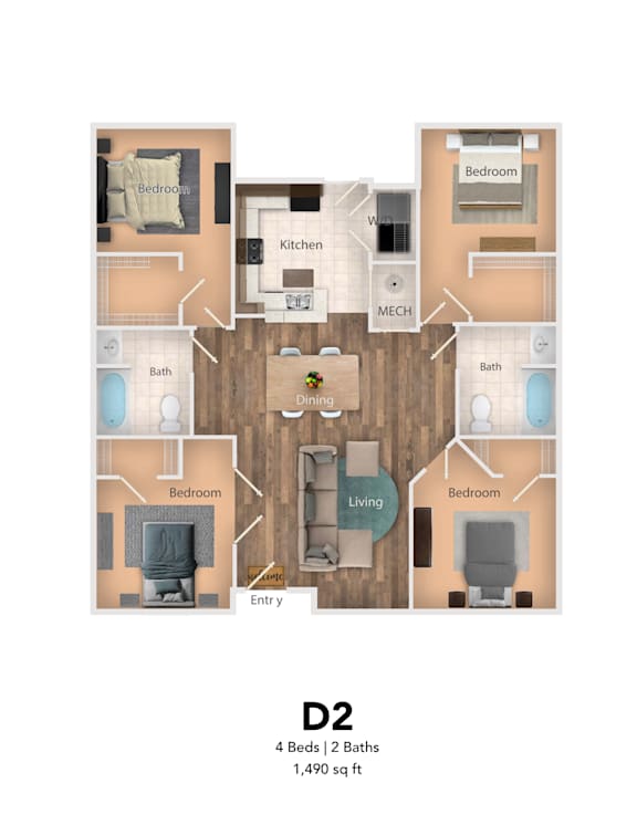 Floor Plan  A floor plan of a D2 apartment with 4 bedrooms and 2 bathrooms.