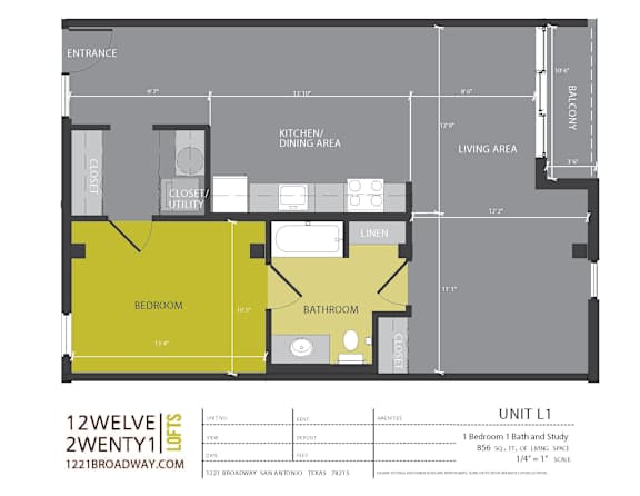 Unit l1 floor plan one bedroom with study at 1221 Broadway Lofts Apartments, San Antonio, TX