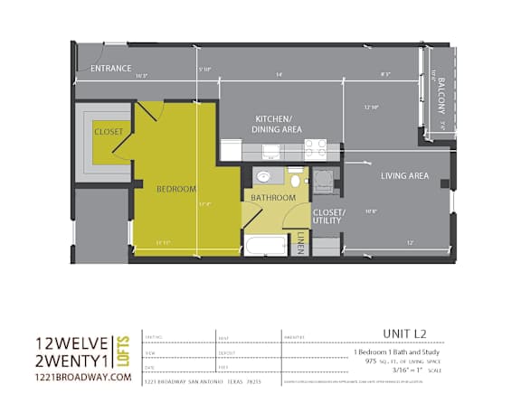 One bedroom one bath floor plan with study at 1221 Broadway Lofts Apartments, San Antonio, 78215