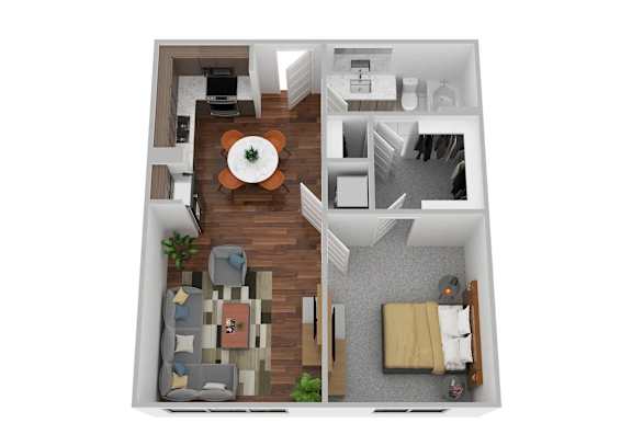 A top down view of a living room, dining room, kitchen and bedroom.