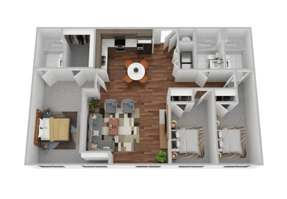 A 3D floor plan of a house with a central circular room and surrounding rooms.