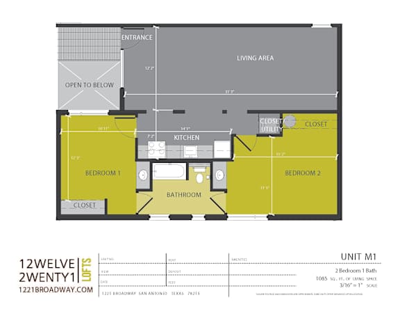 Unit m1 two bedroom one bath floor plan at 1221 Broadway Lofts Apartments, San Antonio, Texas