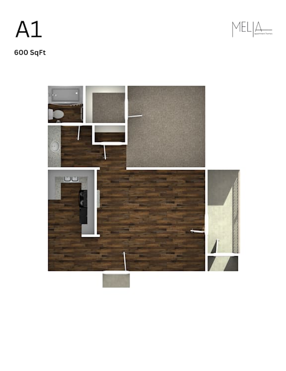 A1 - 1 Bed 1 Bath Floor Plan at Melia, San Antonio, TX, 78229