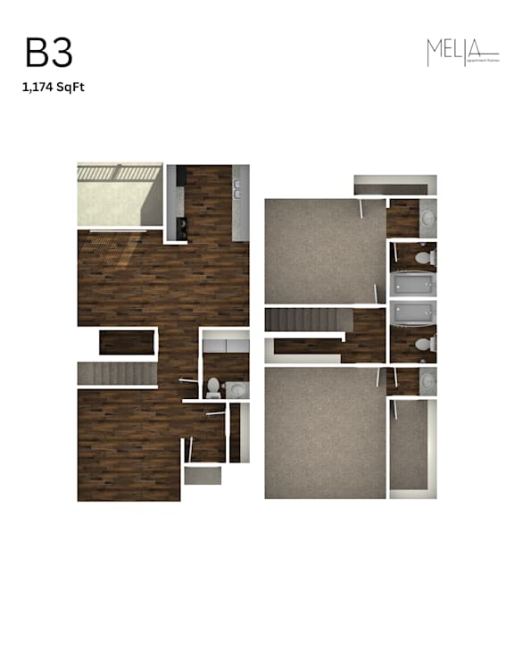 B3 - 2 Bed 2.5 Bath Floor Plan at Melia, TX, 78229