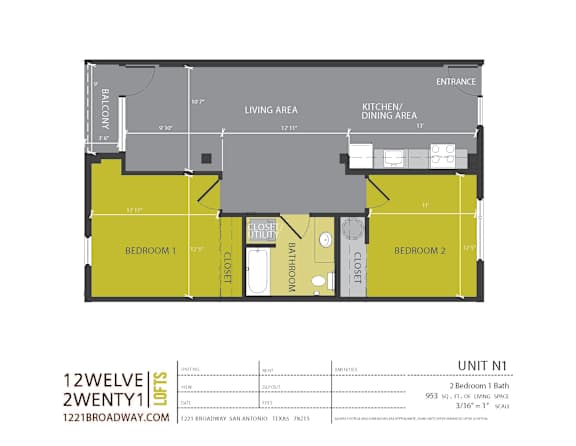 Two bedroom one bath floor plan layout at 1221 Broadway Lofts Apartments, San Antonio