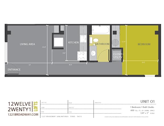 Unit o1 studio floor plan with living space at 1221 Broadway Lofts Apartments, Texas