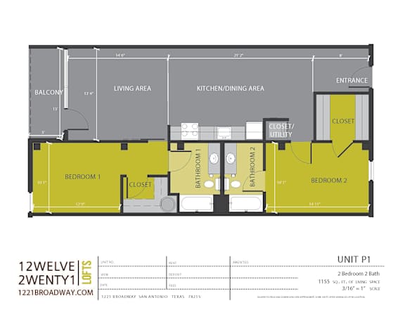 Unit p1 two bedroom two bath floor plan at 1221 Broadway Lofts Apartments, Texas, 78215