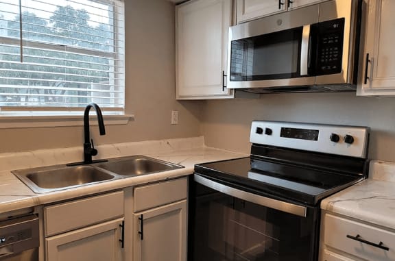 a kitchen with a sink and a stove and a microwave at Ivy Plains at Brooks Apartments, San Antonio , 78223