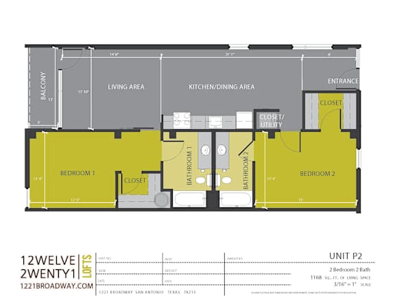 Unit p2 two bedroom two bath floor plan at 1221 Broadway Lofts Apartments, San Antonio, TX 78215