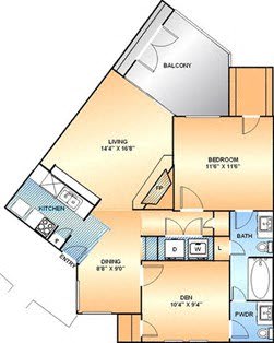 Floor Plan  One bedroom one bathroom floorplan with balcony at The Courtyard Apartments, Garland, TX 75044