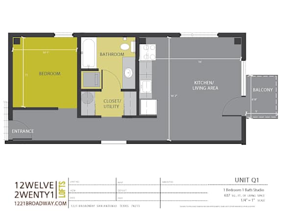 Unit q1 studio floor plan with balcony at 1221 Broadway Lofts Apartments, San Antonio, TX
