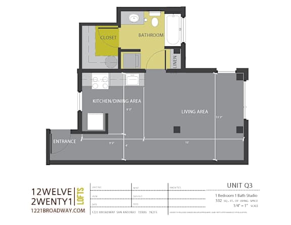 Unit q3 studio floor plan with linen closet at 1221 Broadway Lofts Apartments, San Antonio, Texas