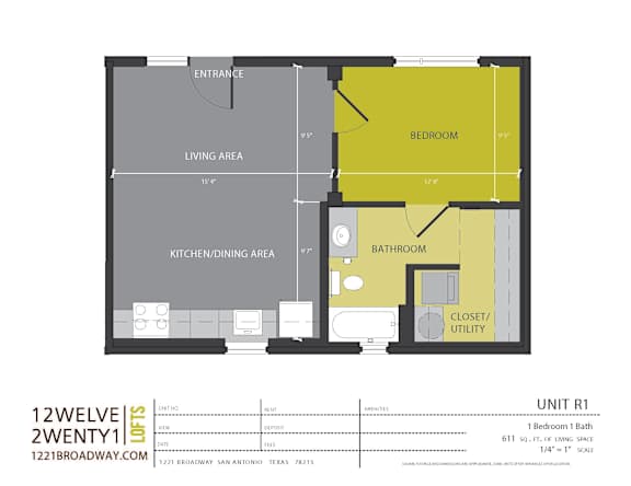 Unit r1 floor plan one bedroom one bath at 1221 Broadway Lofts Apartments, San Antonio