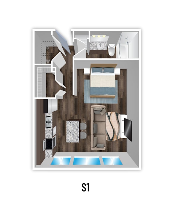 Floor Plan  A floor plan of a small apartment with a bedroom, living room, and bathroom.