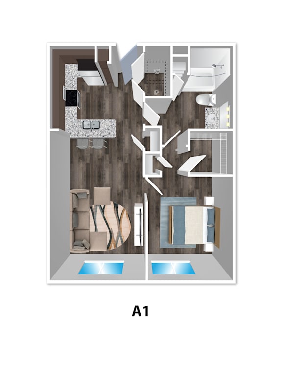 A 3D floor plan of apartment A1.