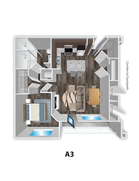 A 3D floor plan of a house with a pool.