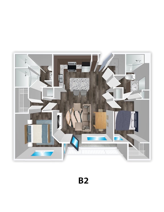 A floor plan of apartment B2 with a swimming pool.