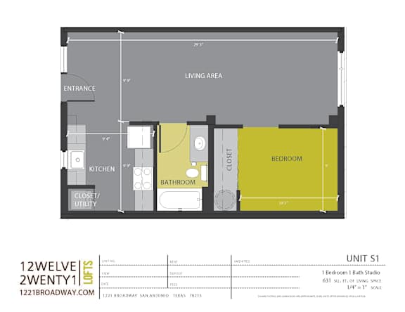 Unit s1 studio floor plan with living area at 1221 Broadway Lofts Apartments, Texas