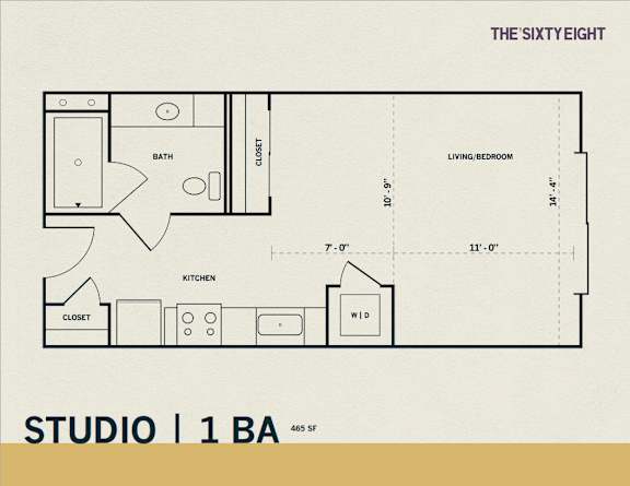 Studio floor plan with one bathroom layout at THE'68 Apartments, Texas