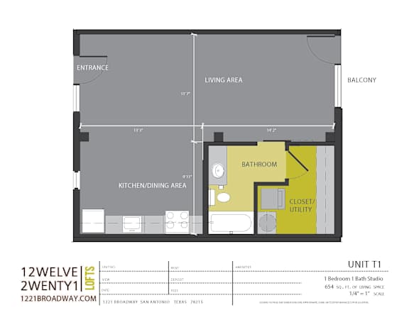 Unit t1 studio floor plan with bathroom at 1221 Broadway Lofts Apartments, Texas, 78215