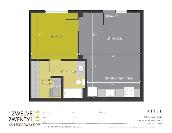 Unit u1 one bedroom one bath floor plan at 1221 Broadway Lofts Apartments, San Antonio, TX 78215