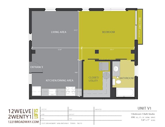 Unit v1 one bedroom studio floor plan at 1221 Broadway Lofts Apartments, San Antonio, TX