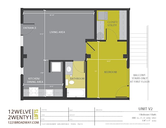 Unit v2 one bedroom one bath floor plan at 1221 Broadway Lofts Apartments, San Antonio, 78215