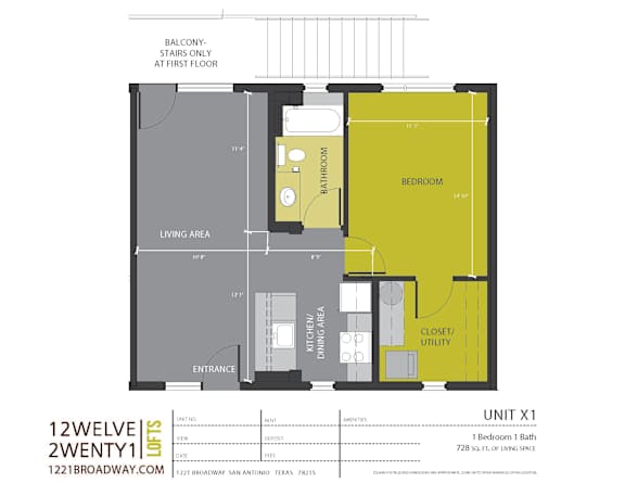 Unit x1 one bedroom loft floor plan at 1221 Broadway Lofts Apartments, San Antonio