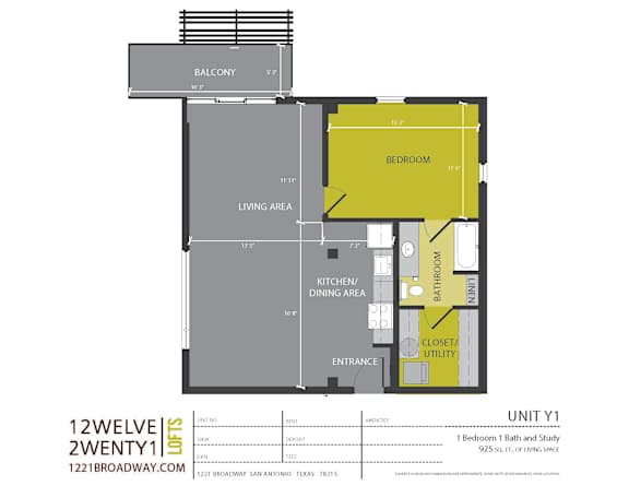 Unit y1 one bedroom floor plan with balcony at 1221 Broadway Lofts Apartments, Texas