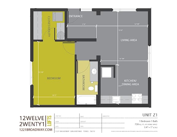 Unit z1 one bedroom apartment floor plan at 1221 Broadway Lofts Apartments, Texas, 78215