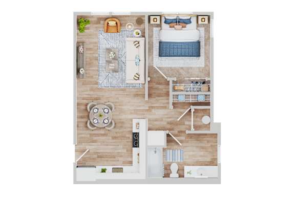 Floor Plan  A top-down view of a bedroom with a bed, desk, and chair.