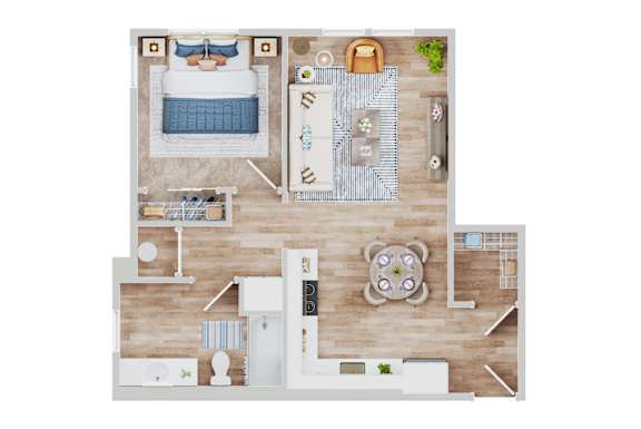 A top-down view of a bedroom with a bed, desk, and chair.